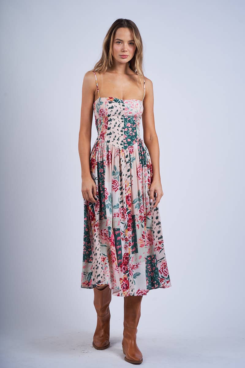 FLORAL PATCH PRINT SLEEVELESS SMOCKED MIDI DRESS