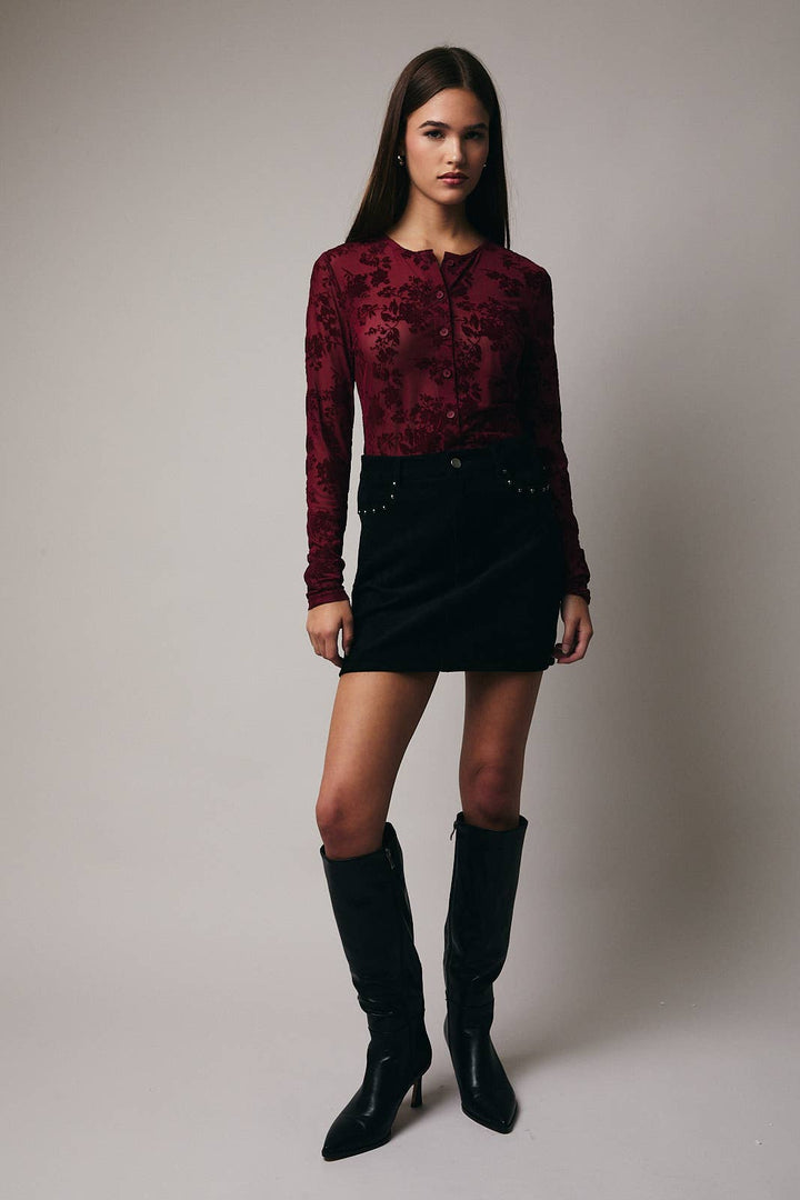 LONG SLEEVE BUTTON UP VELVET TOP