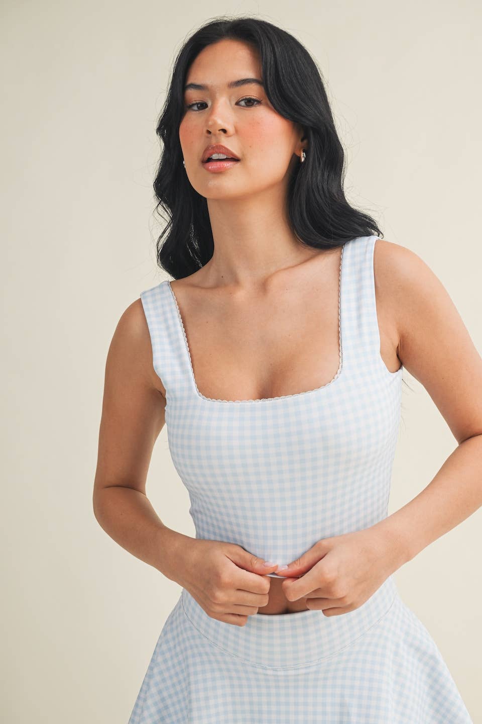 Gingham Print Crop Tank with Lace Trim