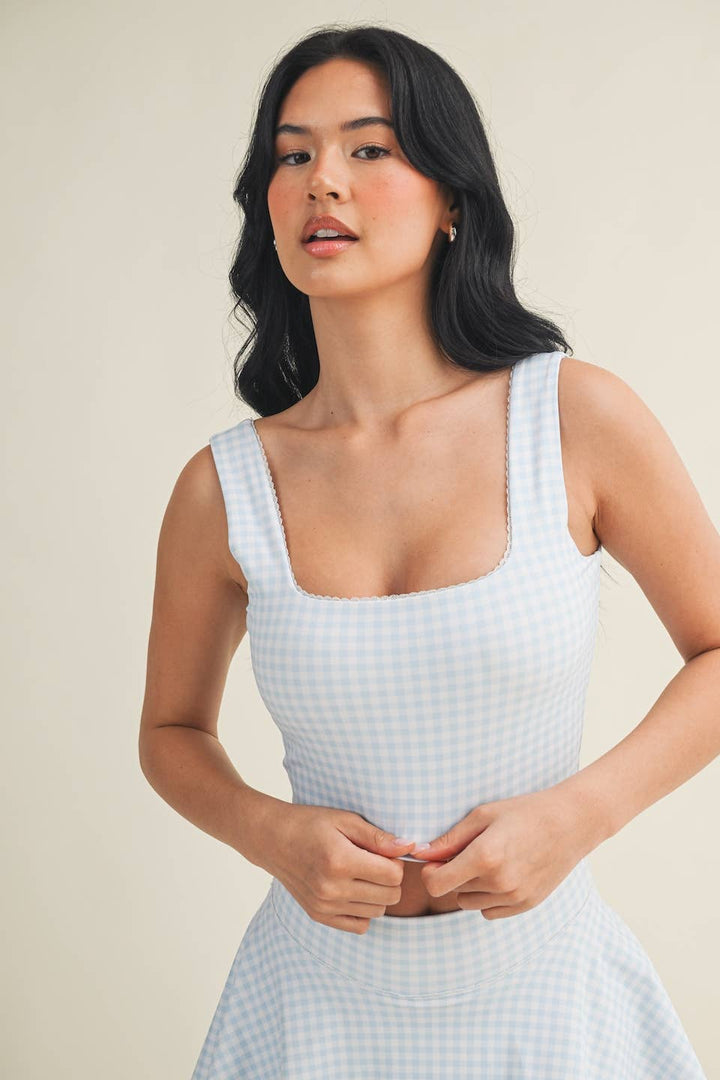 Gingham Print Crop Tank with Lace Trim