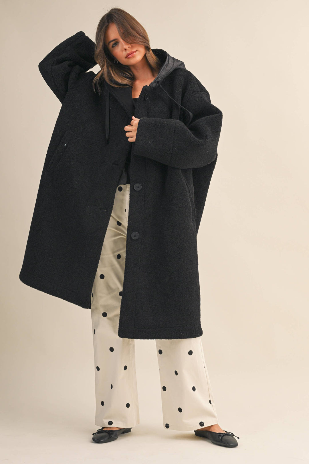 OVERSIZED DENIM CONTRAST HOODIE SHERPA COAT