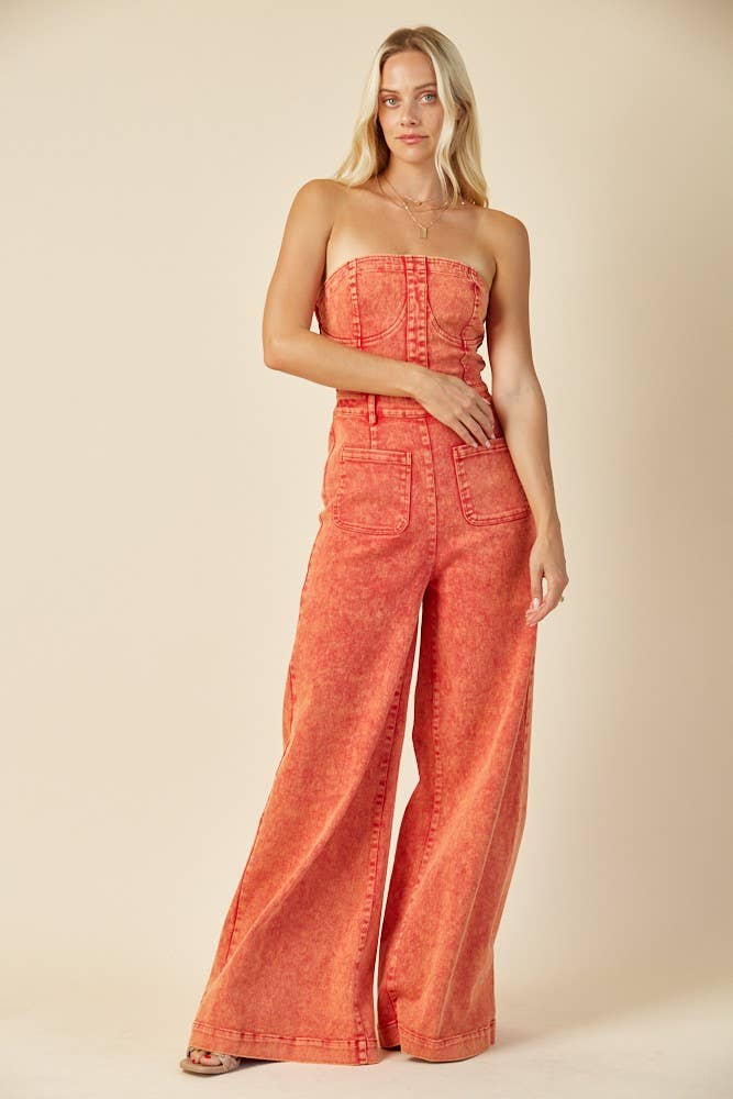 BOHO MINERAL WASH WIDE LEG DENIM JUMPSUIT