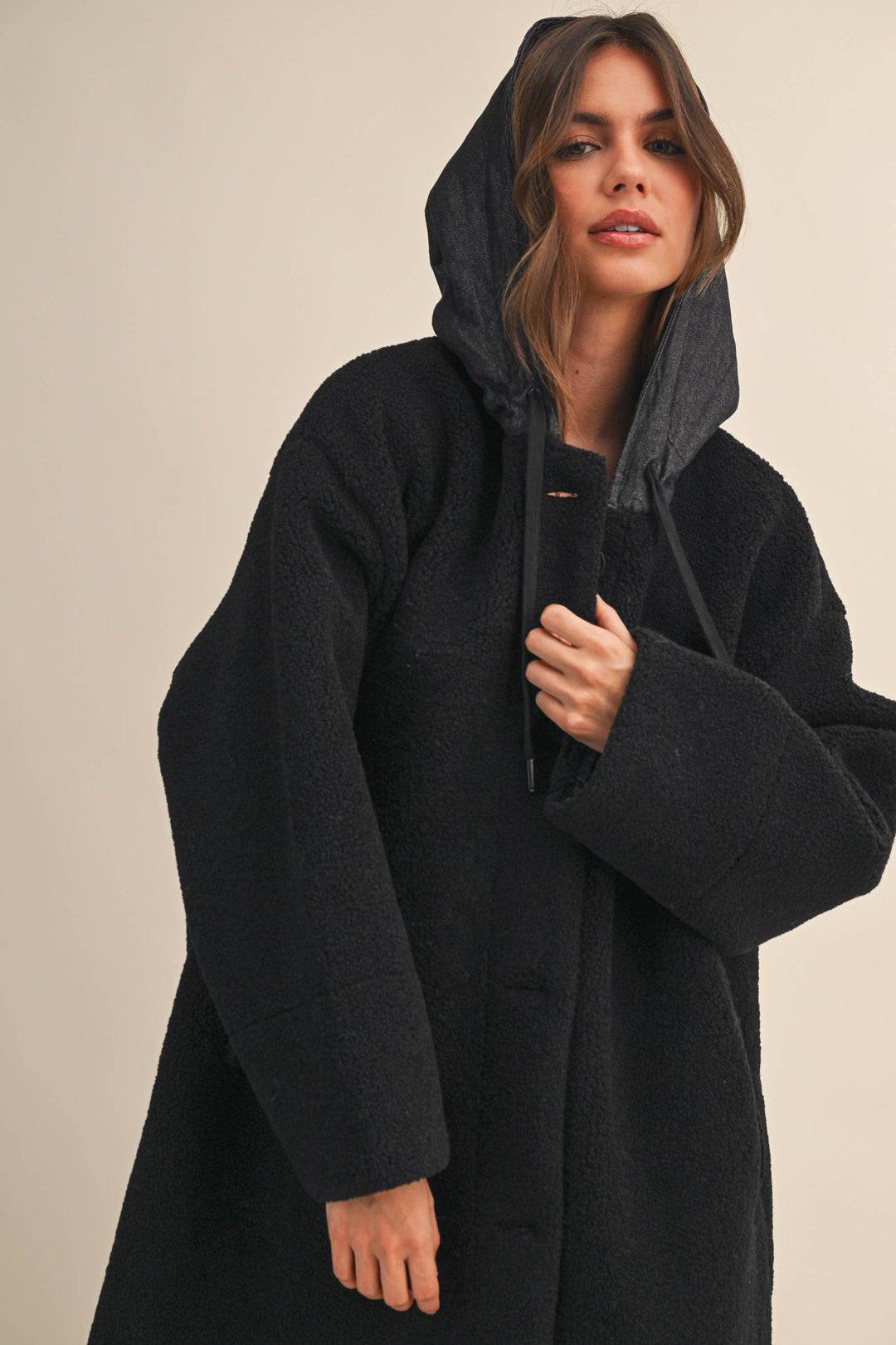 OVERSIZED DENIM CONTRAST HOODIE SHERPA COAT