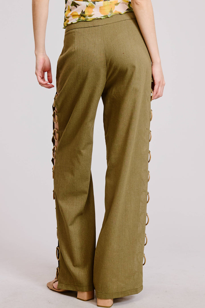 Linen Wide Leg Pants with Wooden Ring Accents