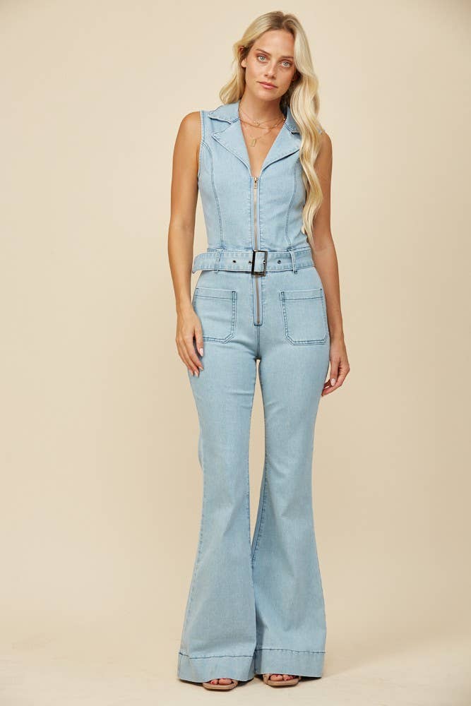 WISTERIA LANE - SLEEVELESS LONG DENIM BELTED JUMPSUIT - 4436 LIGHT DEN (Copy): MID DENIM / M