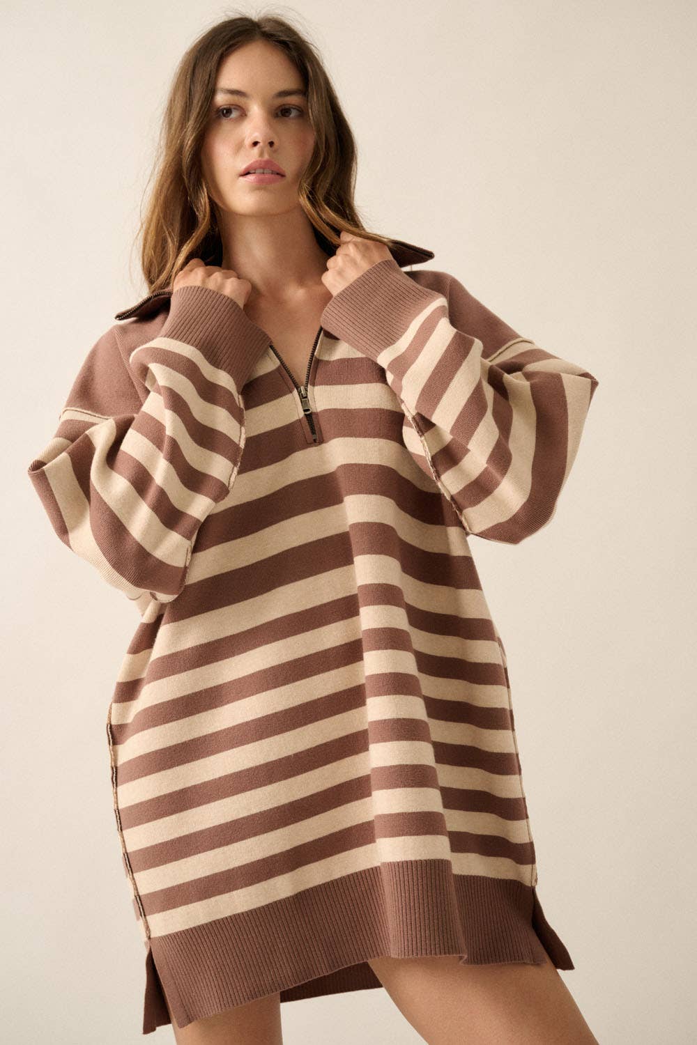 Striped Knit Collared Half-Zip Mini Sweater Dress: Cocoa-Oatmeal