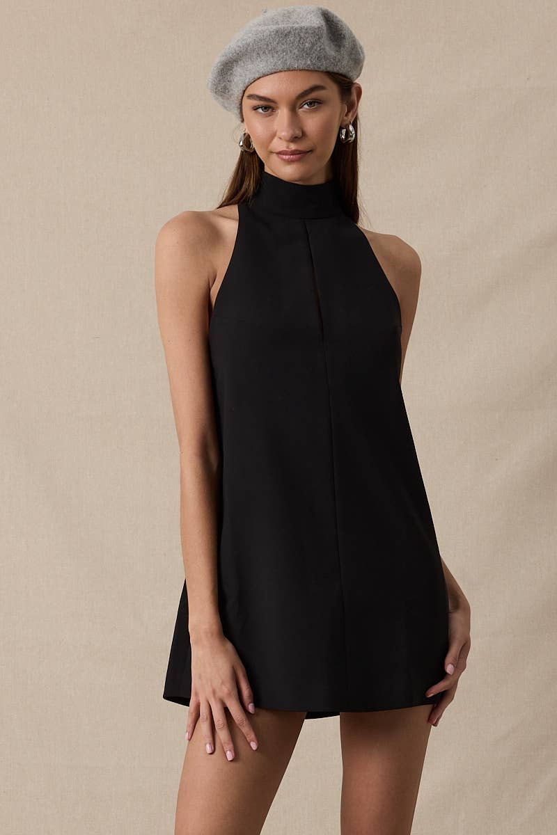 SOLID COLOR TURTLE NECK CUTOUT PLAIN MINI DRESS: