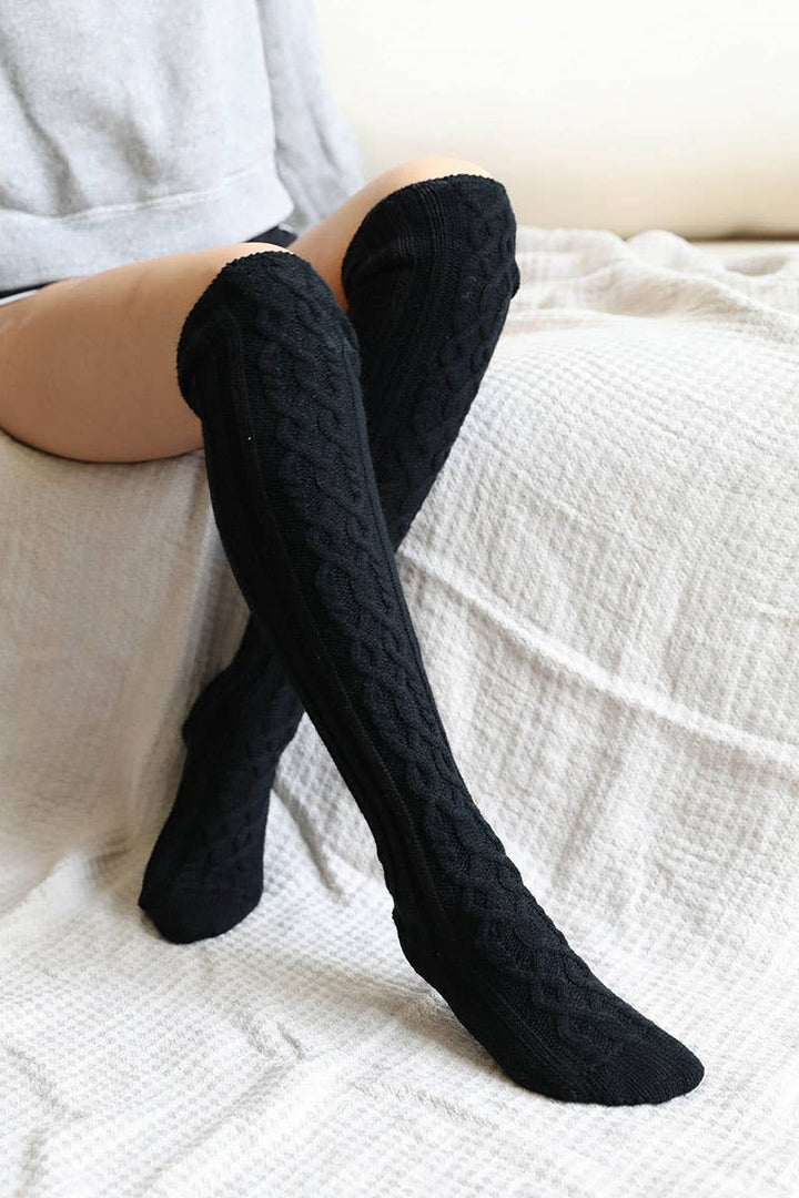 Bold & Cozy Thigh-High Cable Knit Socks for Trendy Winters