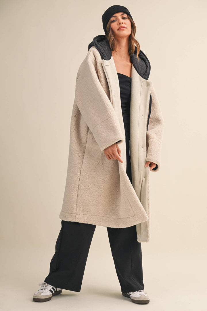 OVERSIZED DENIM CONTRAST HOODIE SHERPA COAT