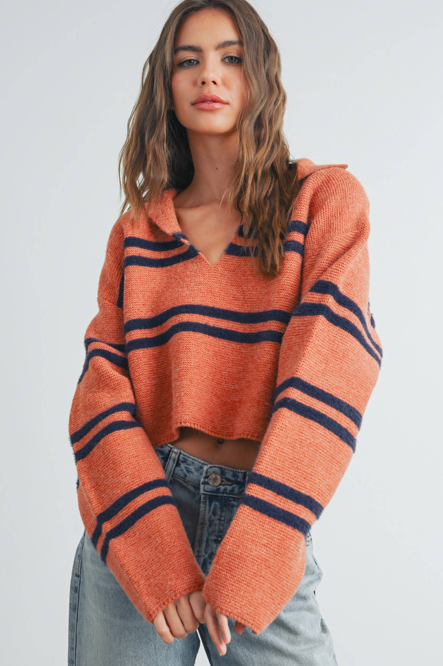 STRIPE CROP COLLAR SWEATER TOP