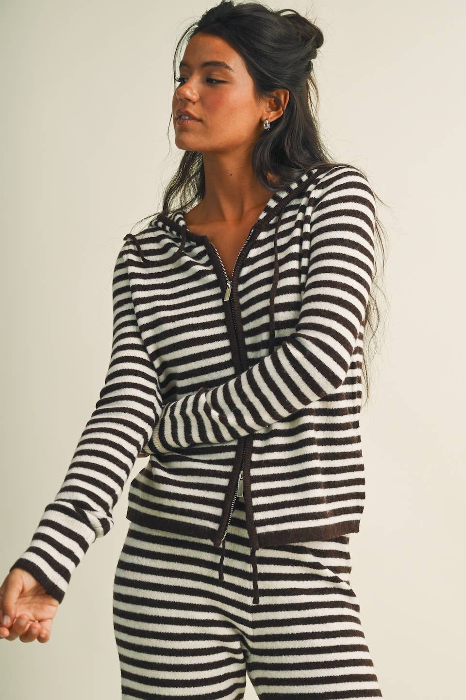 Striped Relaxed Zip Up Knit Sweater Hoodie: Choco Pink Stripe