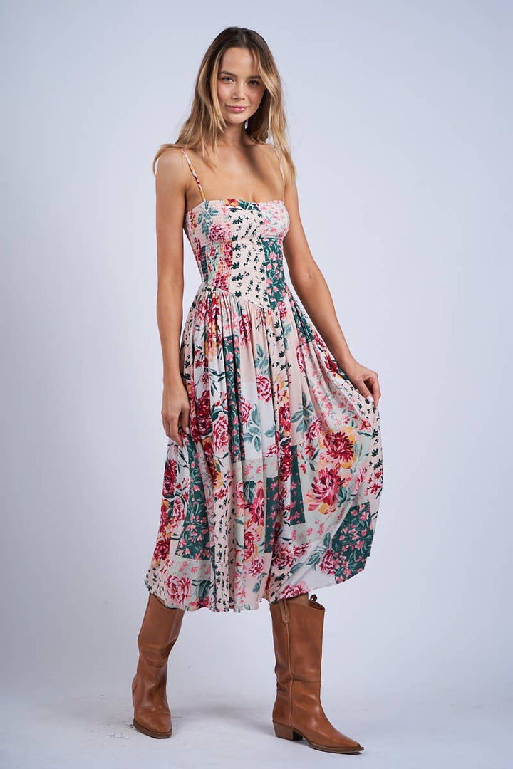 FLORAL PATCH PRINT SLEEVELESS SMOCKED MIDI DRESS