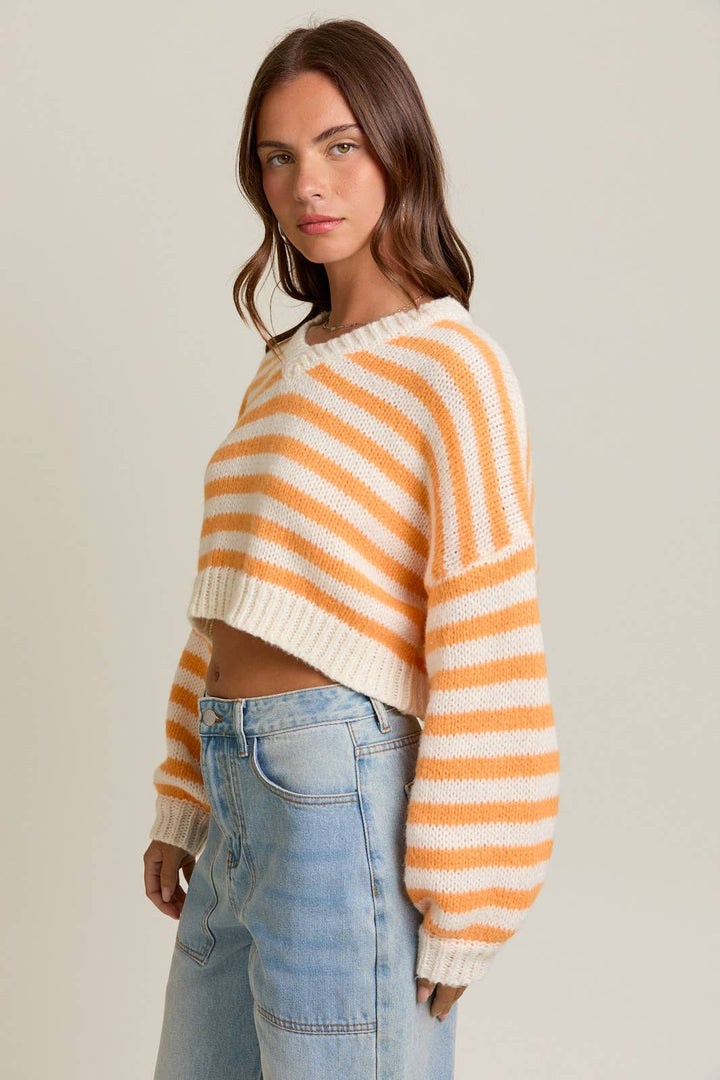 LONG SLEEVE V-NECK STRIPED CROPPED SWEATER- BUTTER