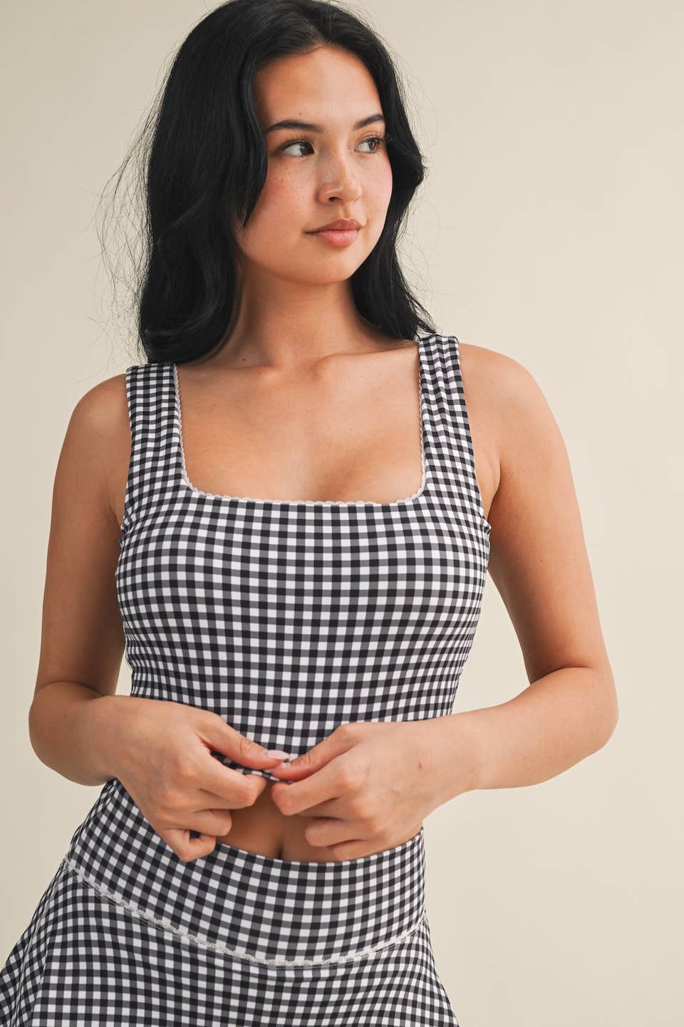 Gingham Print Crop Tank with Lace Trim