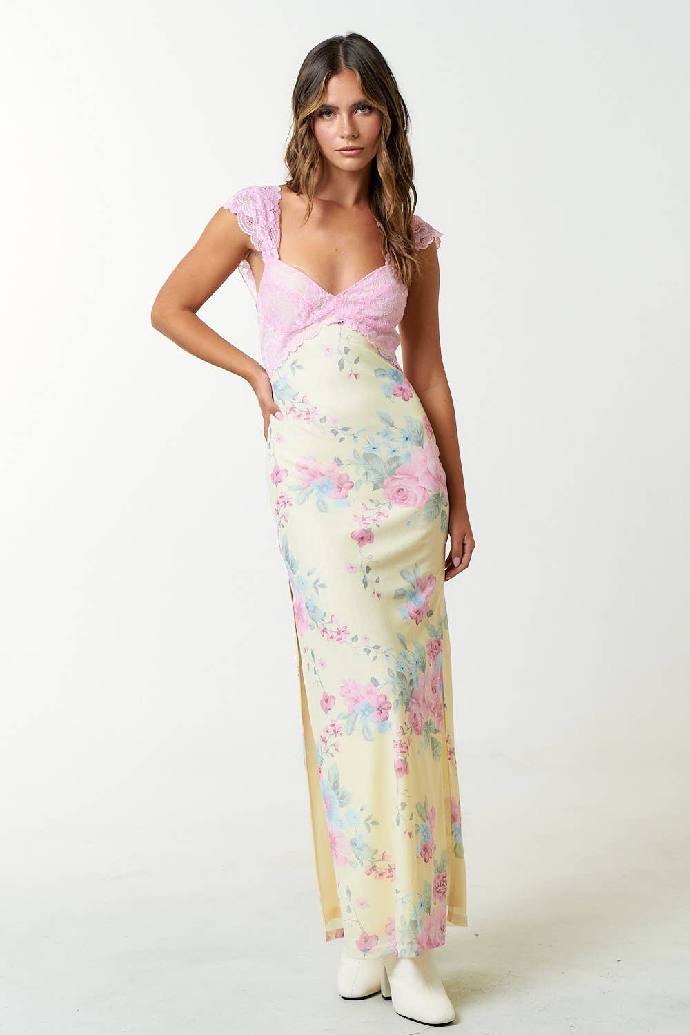 Mesh Floral Print Lace Detail Side Slit Maxi Dress