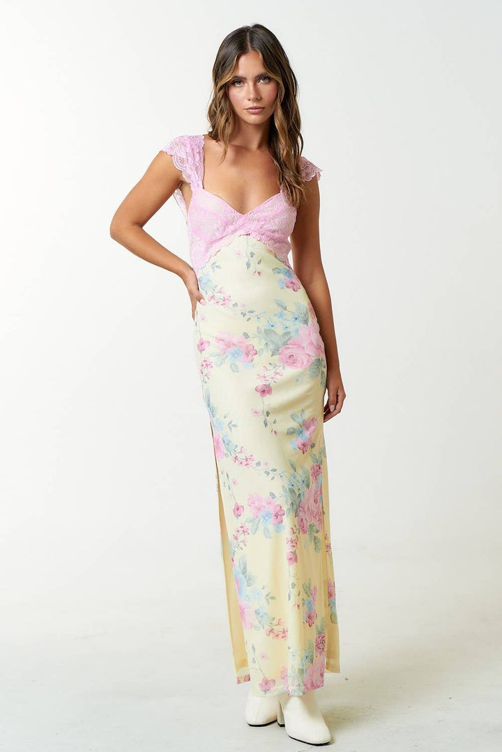 Mesh Floral Print Lace Detail Side Slit Maxi Dress
