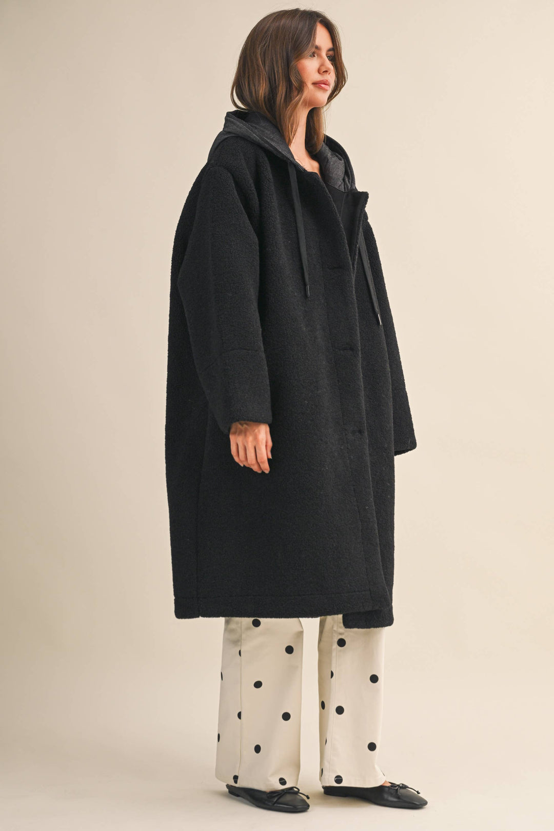 OVERSIZED DENIM CONTRAST HOODIE SHERPA COAT