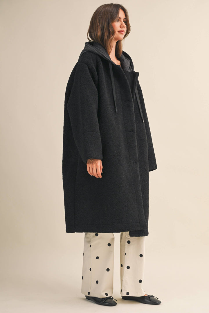 OVERSIZED DENIM CONTRAST HOODIE SHERPA COAT