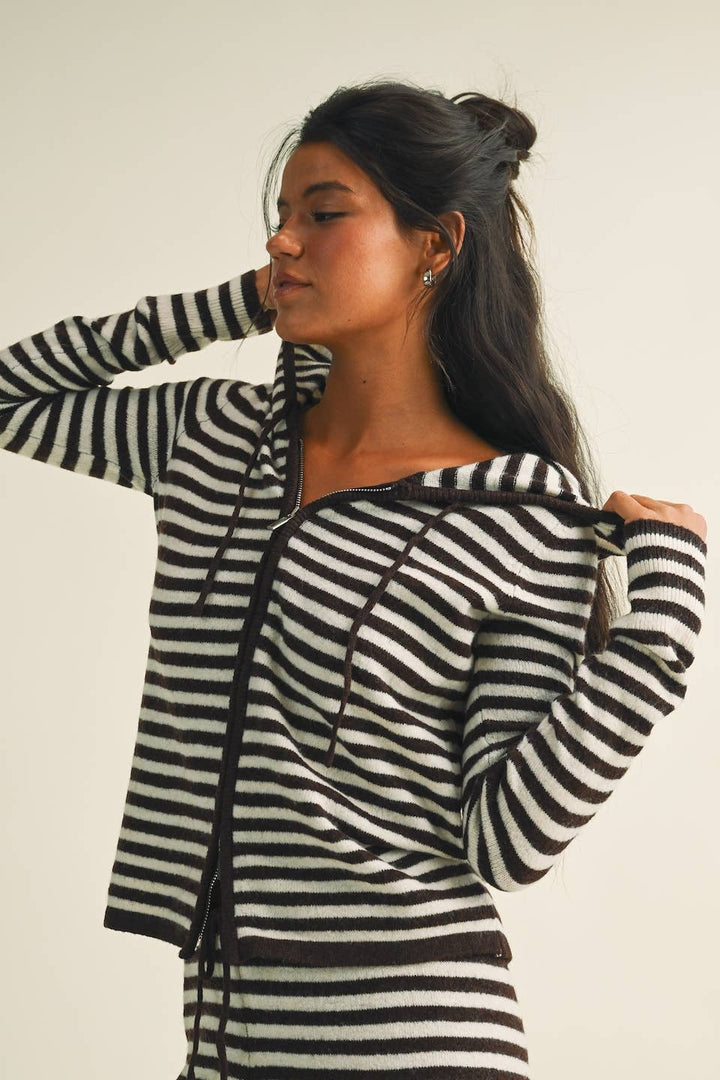 Striped Relaxed Zip Up Knit Sweater Hoodie: Choco Pink Stripe