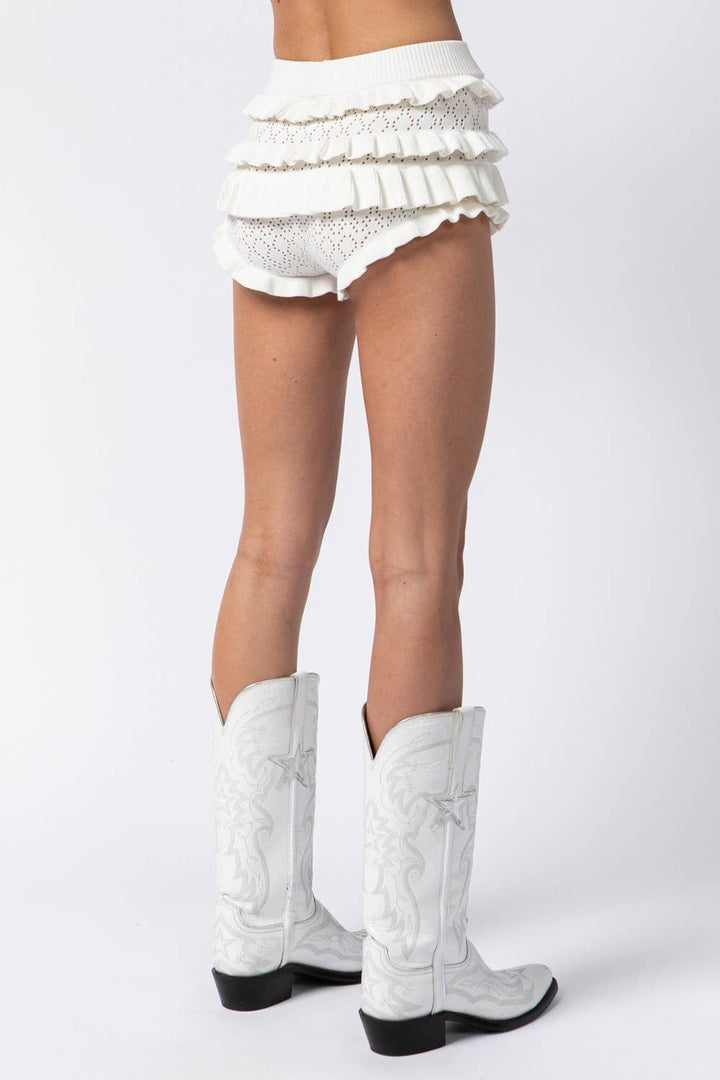 WHITE EYELET ELASTIC WAIST RUFFLE TIERED SHORTS