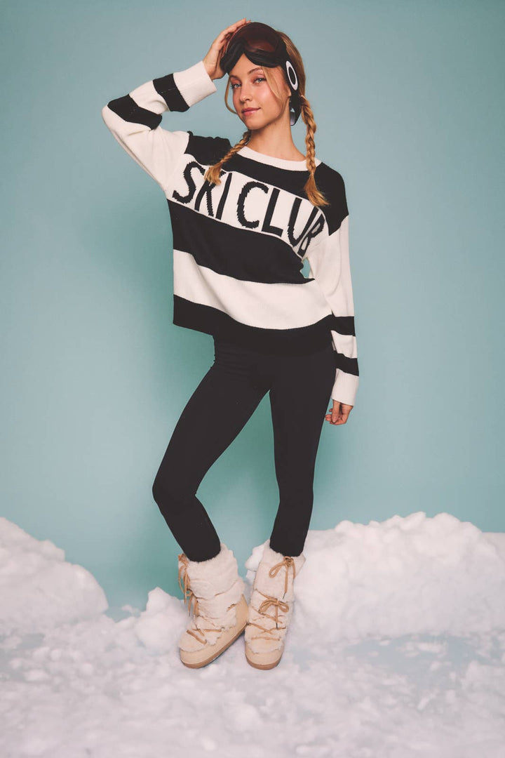 LONG SLEEVE ROUND NECK "SKI CLUB" SWEATER: WHITE