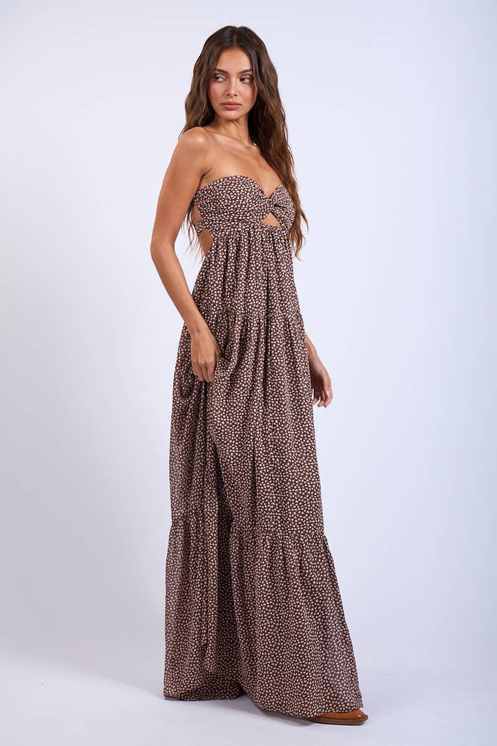 BROWN HEART PRINT TWISTED RUCHED BUST MAXI DRESS