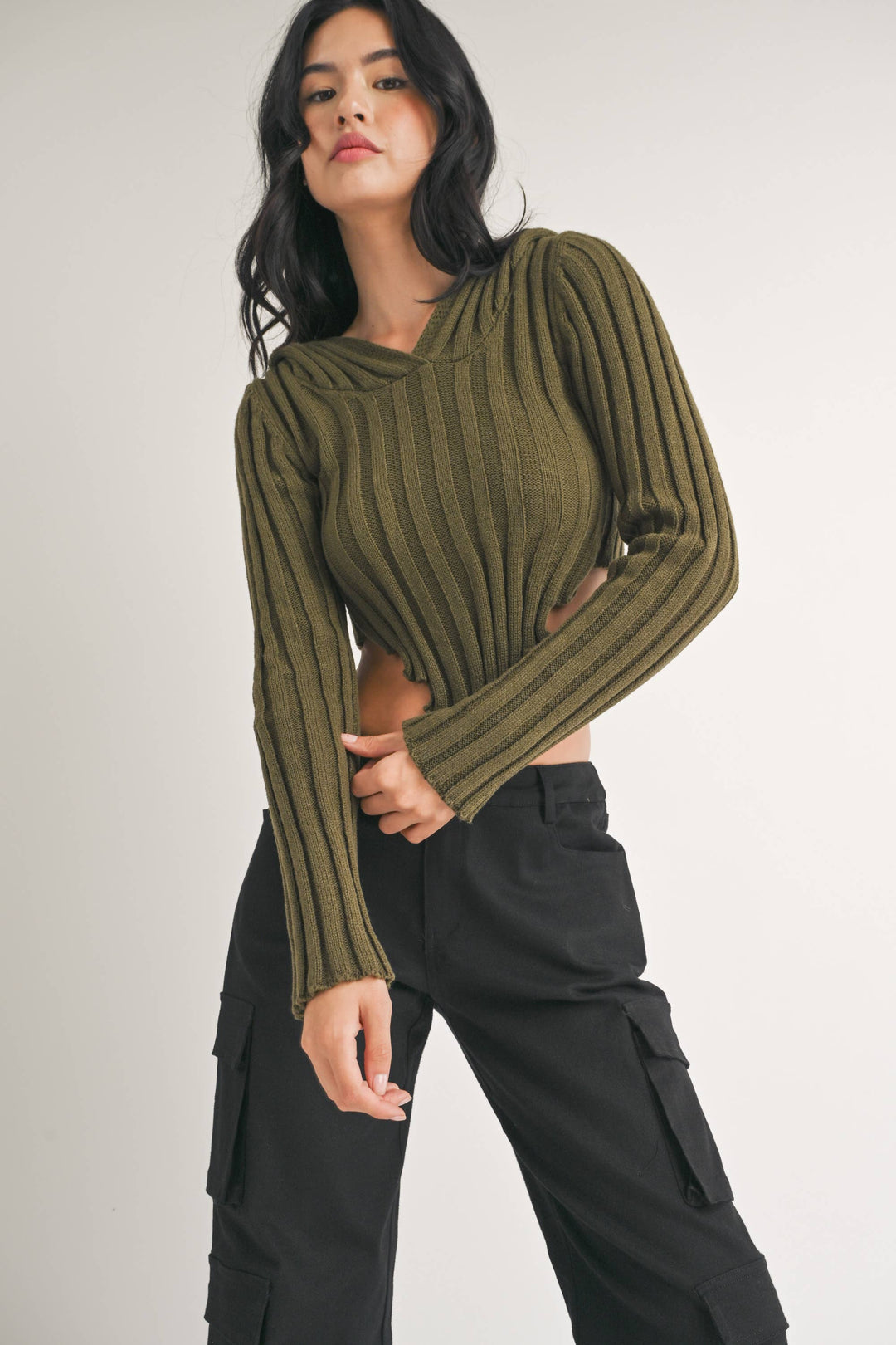 HOODED SWEATER KNIT CROP TOP WITH ASYMMETRICAL HEM