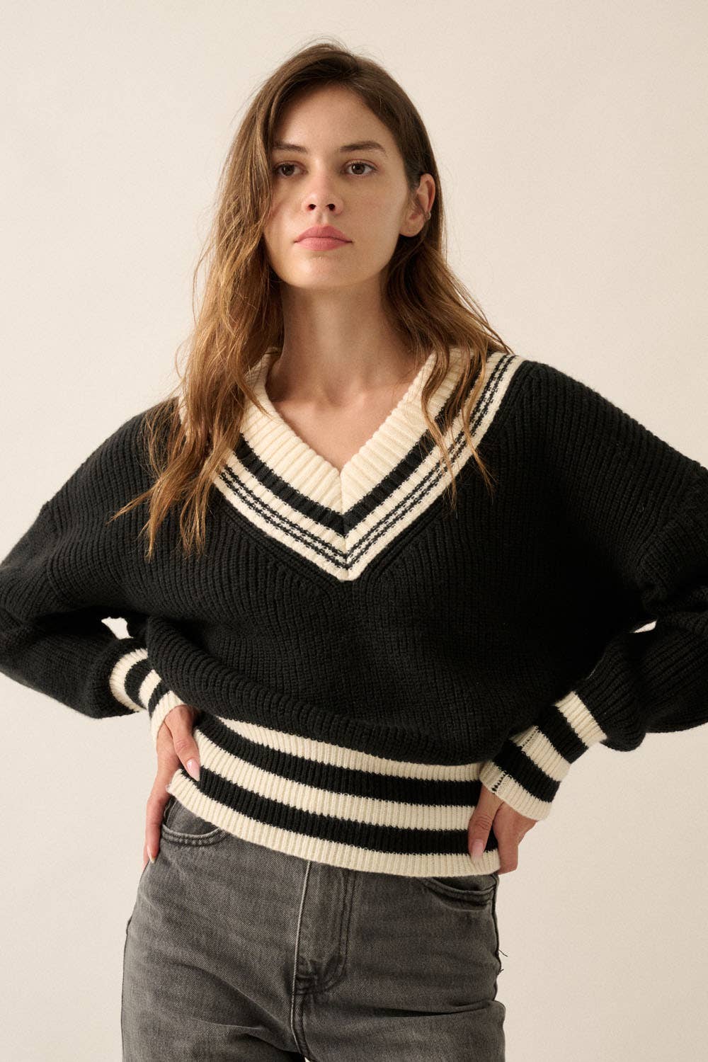 Solid Striped Rib-Knit Sweater