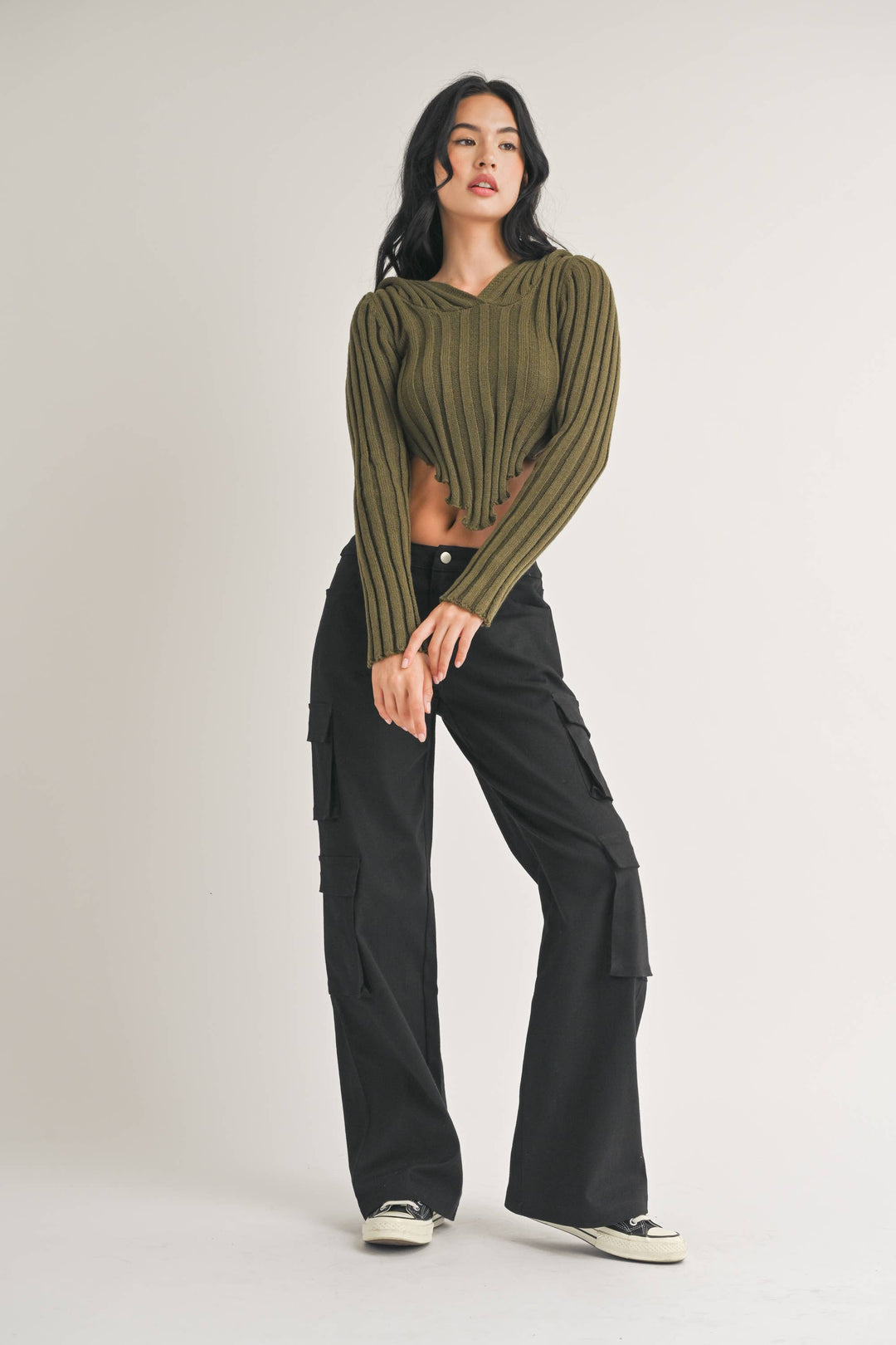 HOODED SWEATER KNIT CROP TOP WITH ASYMMETRICAL HEM