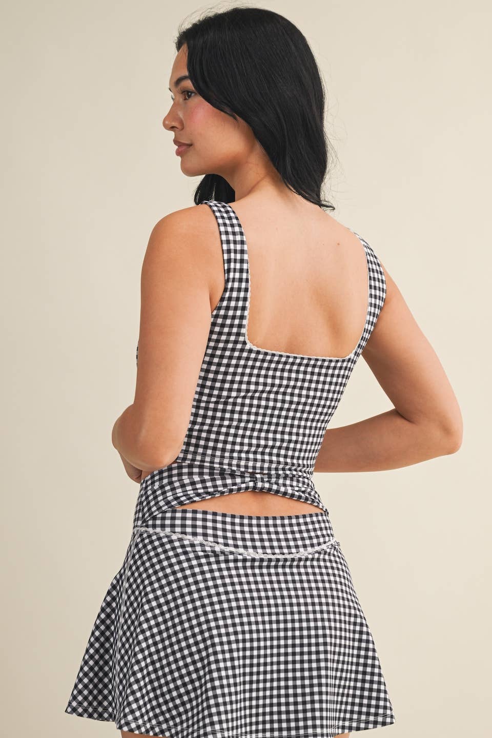 Gingham Print Crop Tank with Lace Trim