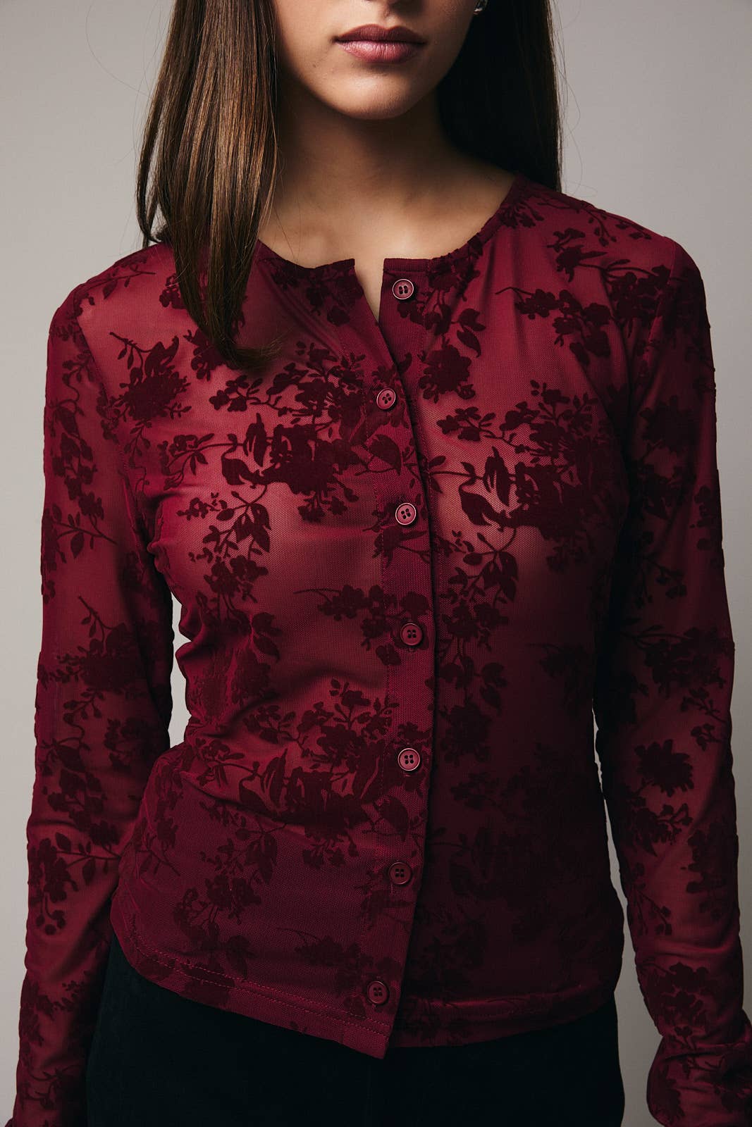 LONG SLEEVE BUTTON UP VELVET TOP