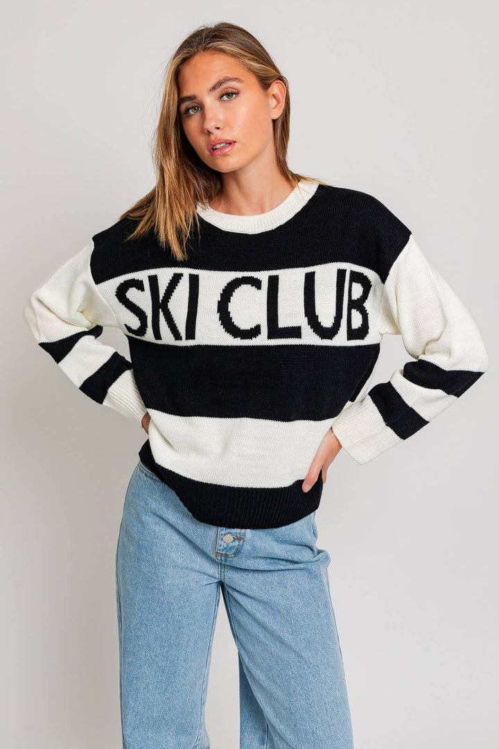 LONG SLEEVE ROUND NECK "SKI CLUB" SWEATER: WHITE