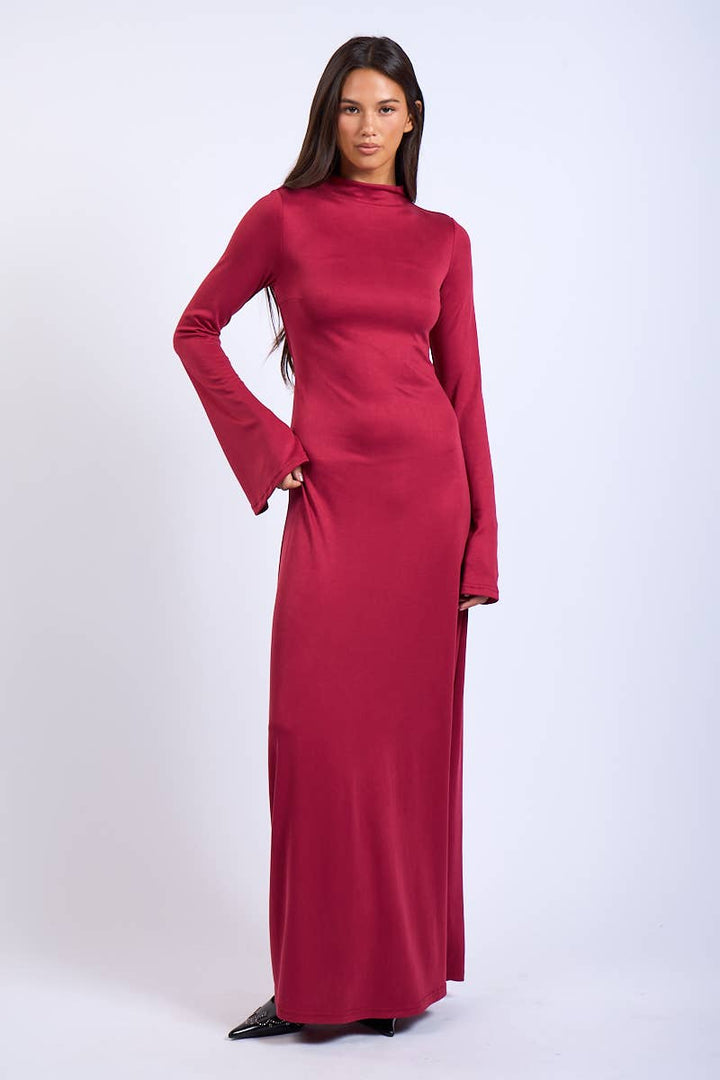 SOLID LONG SLEEVE OPEN BACK DOUBLE TIES MAXI DRESS ( Valentines)