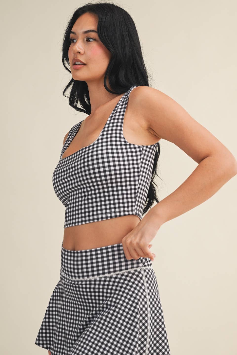 Gingham Print Crop Tank with Lace Trim