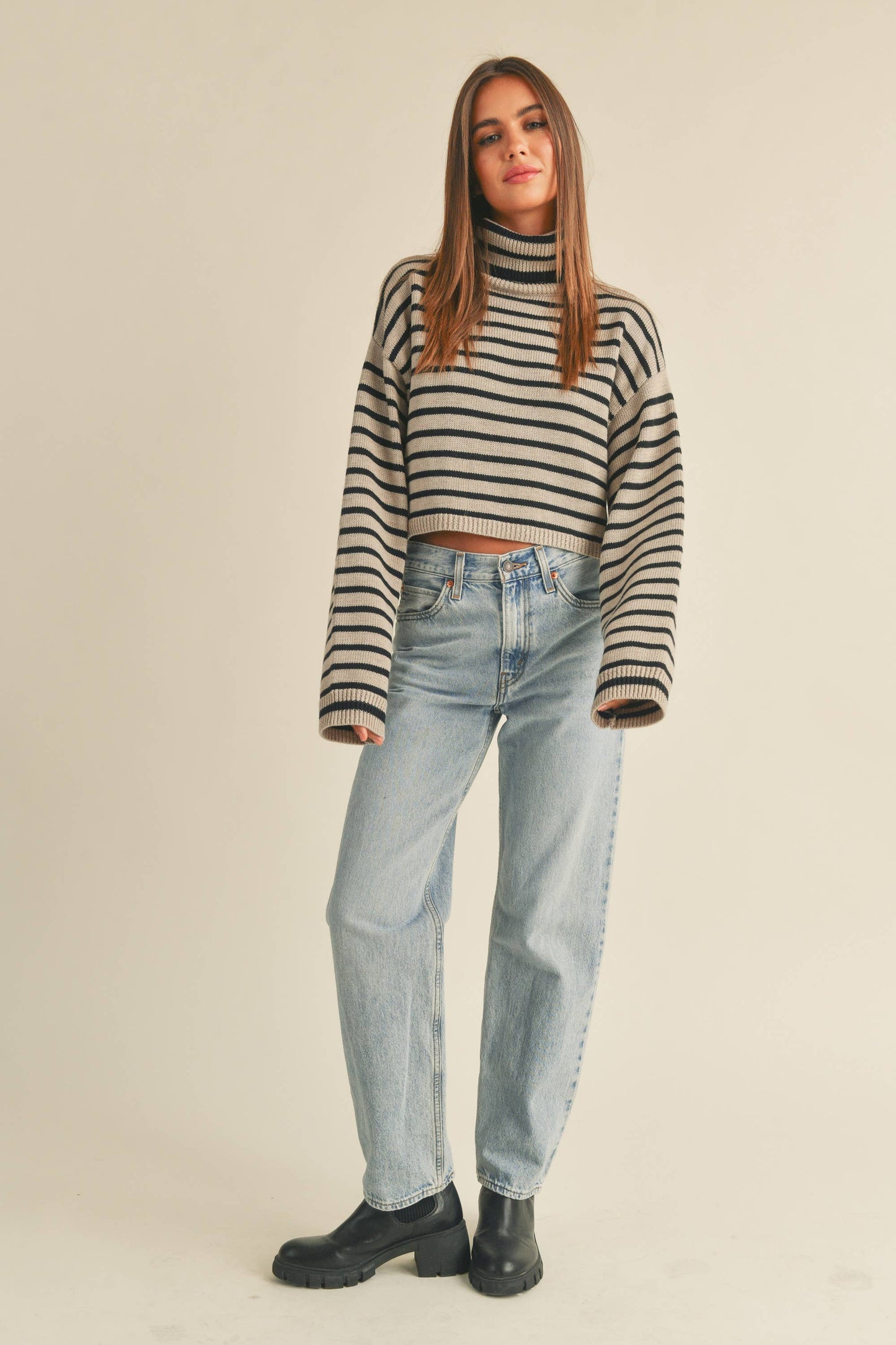 STRIPED TURTLE NECK CROP SWEATER TOP