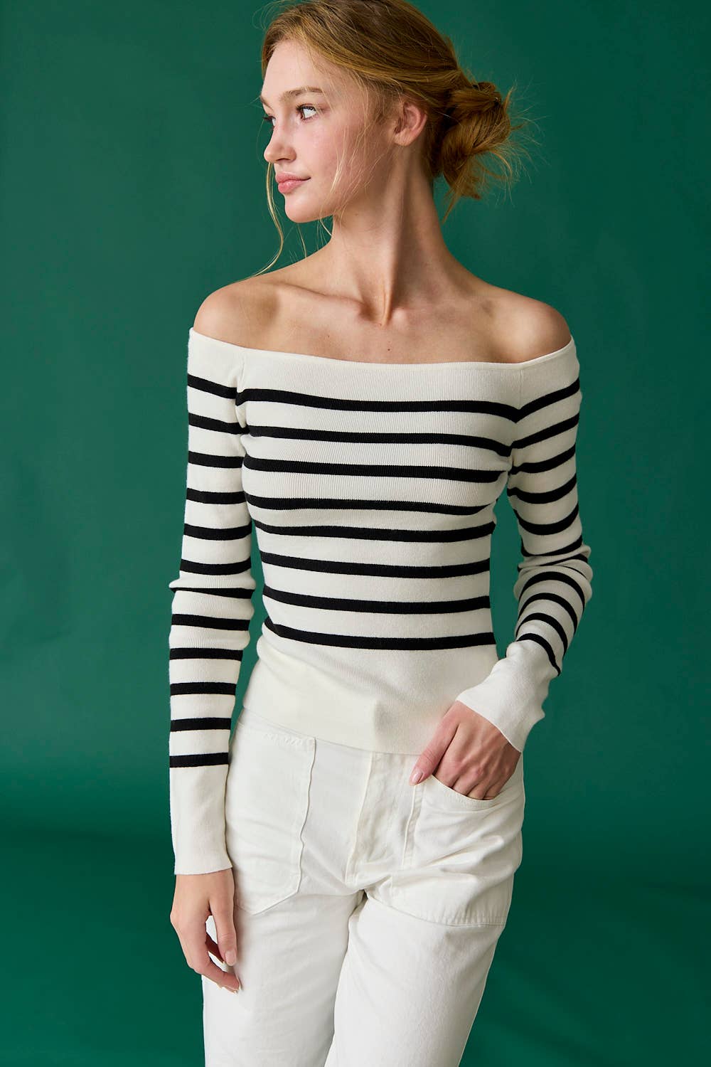 Bella Slim Fit Long Sleeve Striped Off the Shoulder
