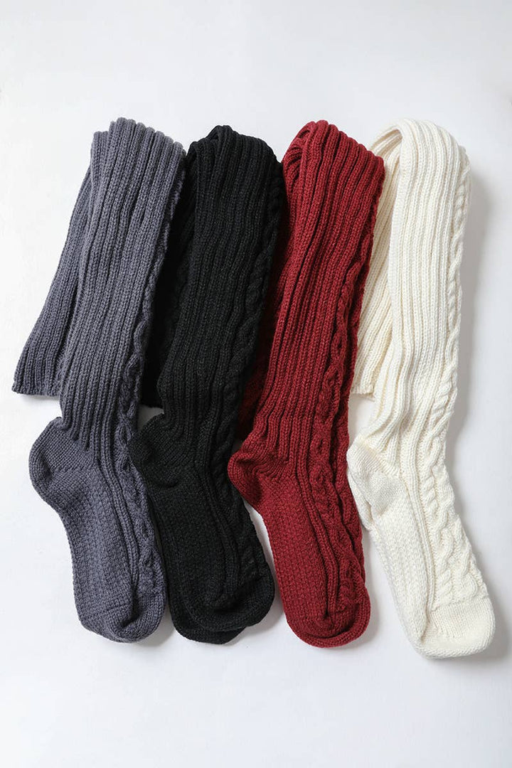 Bold & Cozy Thigh-High Cable Knit Socks for Trendy Winters: Burgundy