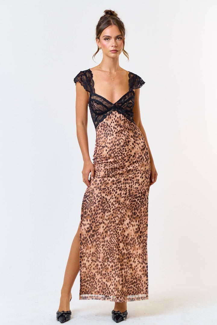 MESH LEOPARD LACE DETAIL SIDE SLIT MAXI DRESS