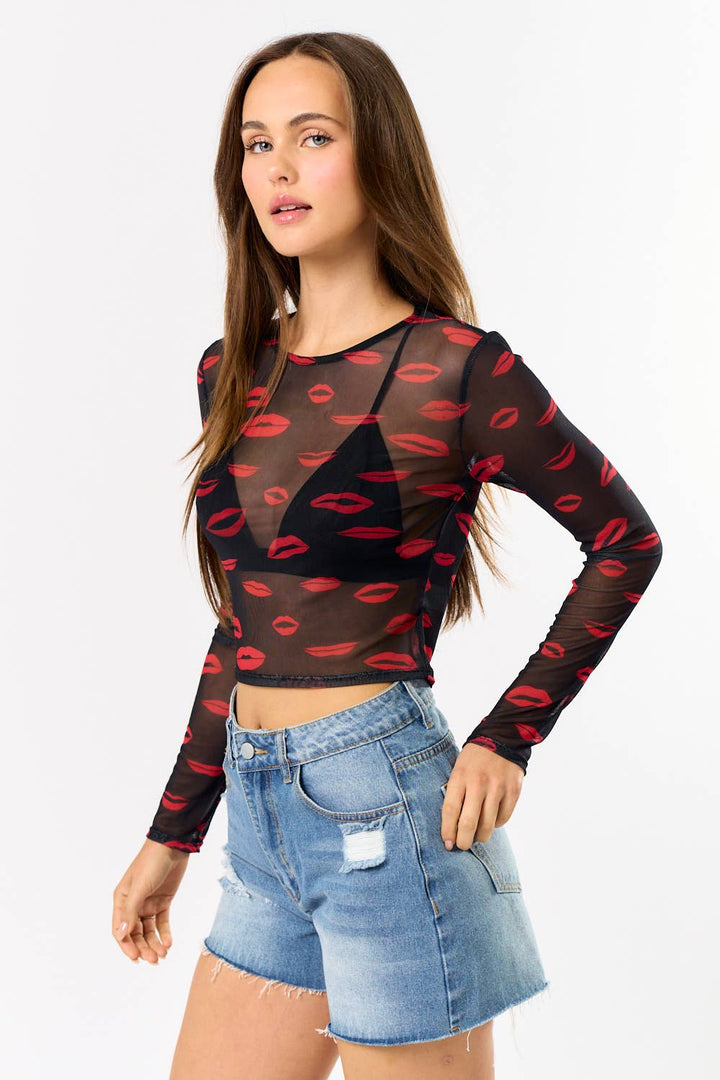 MESH LIP PRINT LONG SLEEVE CROP TOP