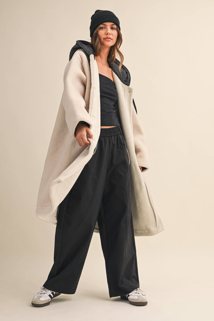 OVERSIZED DENIM CONTRAST HOODIE SHERPA COAT