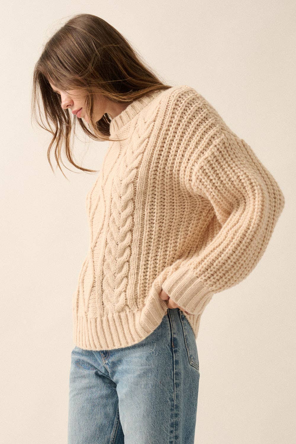 Solid Cable Knit Loose-Fit Sweater