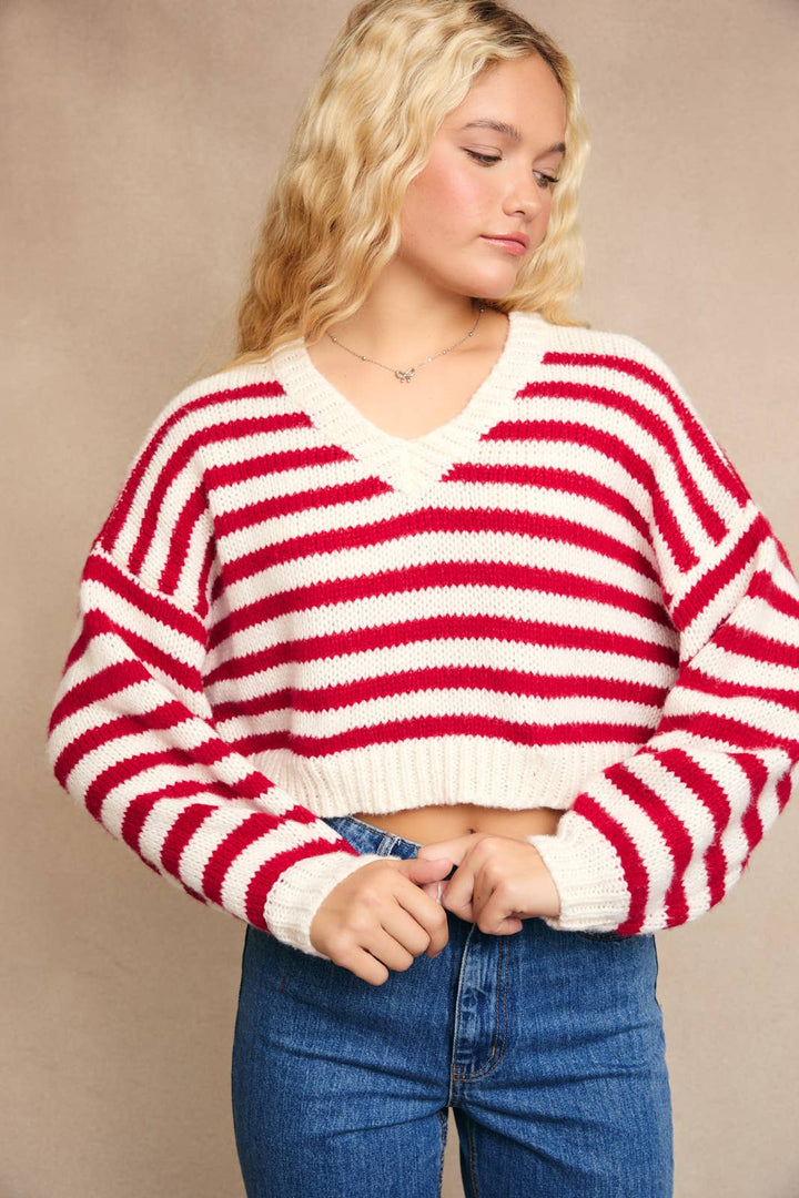 LONG SLEEVE V-NECK STRIPED CROPPED SWEATER- BUTTER