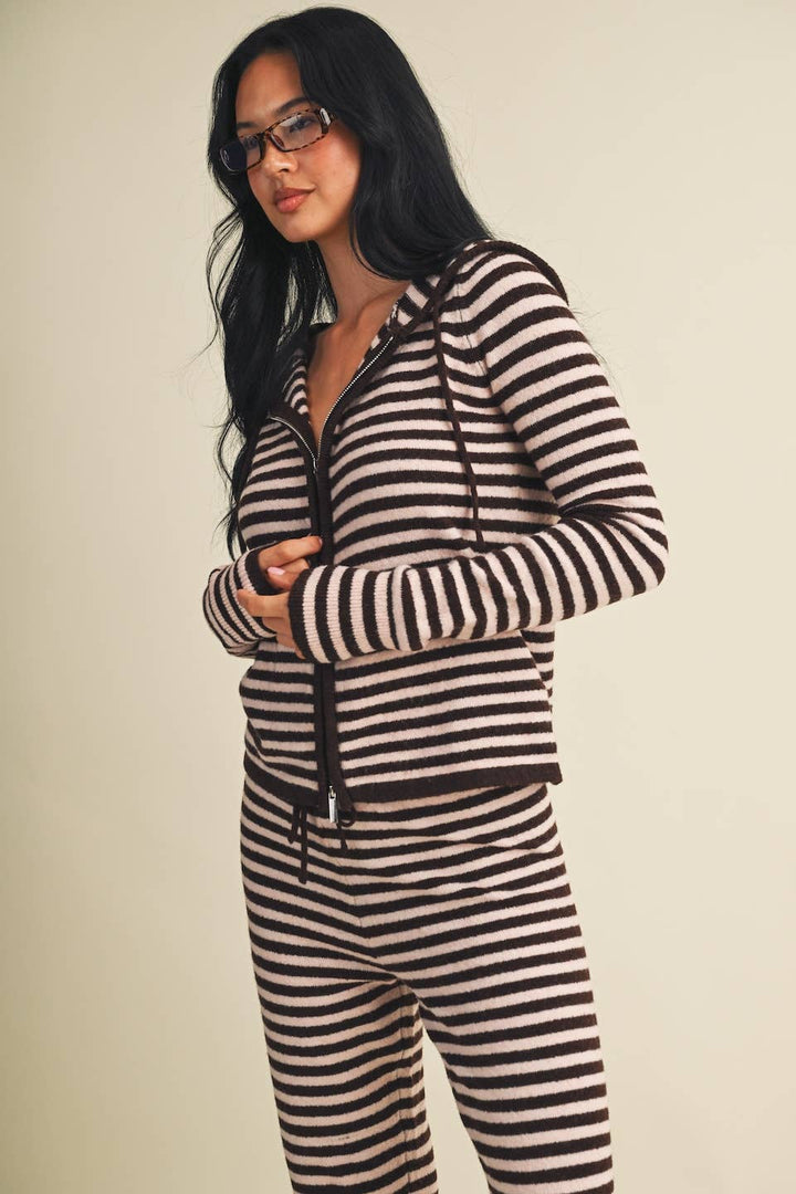 Striped Relaxed Zip Up Knit Sweater Hoodie: Choco Pink Stripe