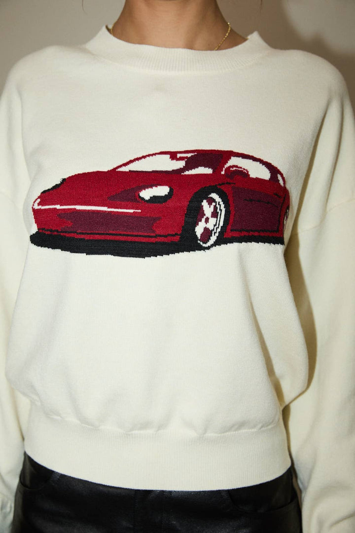 ROUND NECK LONG SLEEVE "CAR" GRAPHIC SWEATER