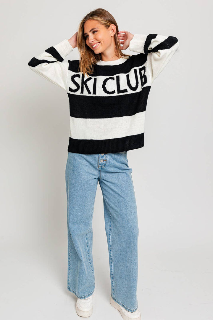 LONG SLEEVE ROUND NECK "SKI CLUB" SWEATER: WHITE