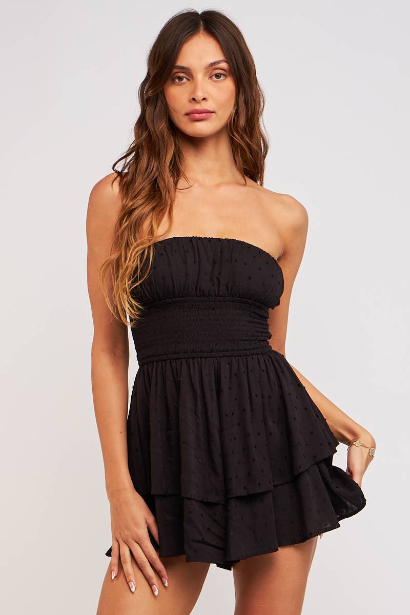 STRAPLESS BRA RUCHED SMOCKING BODY LAYERED ROMPER