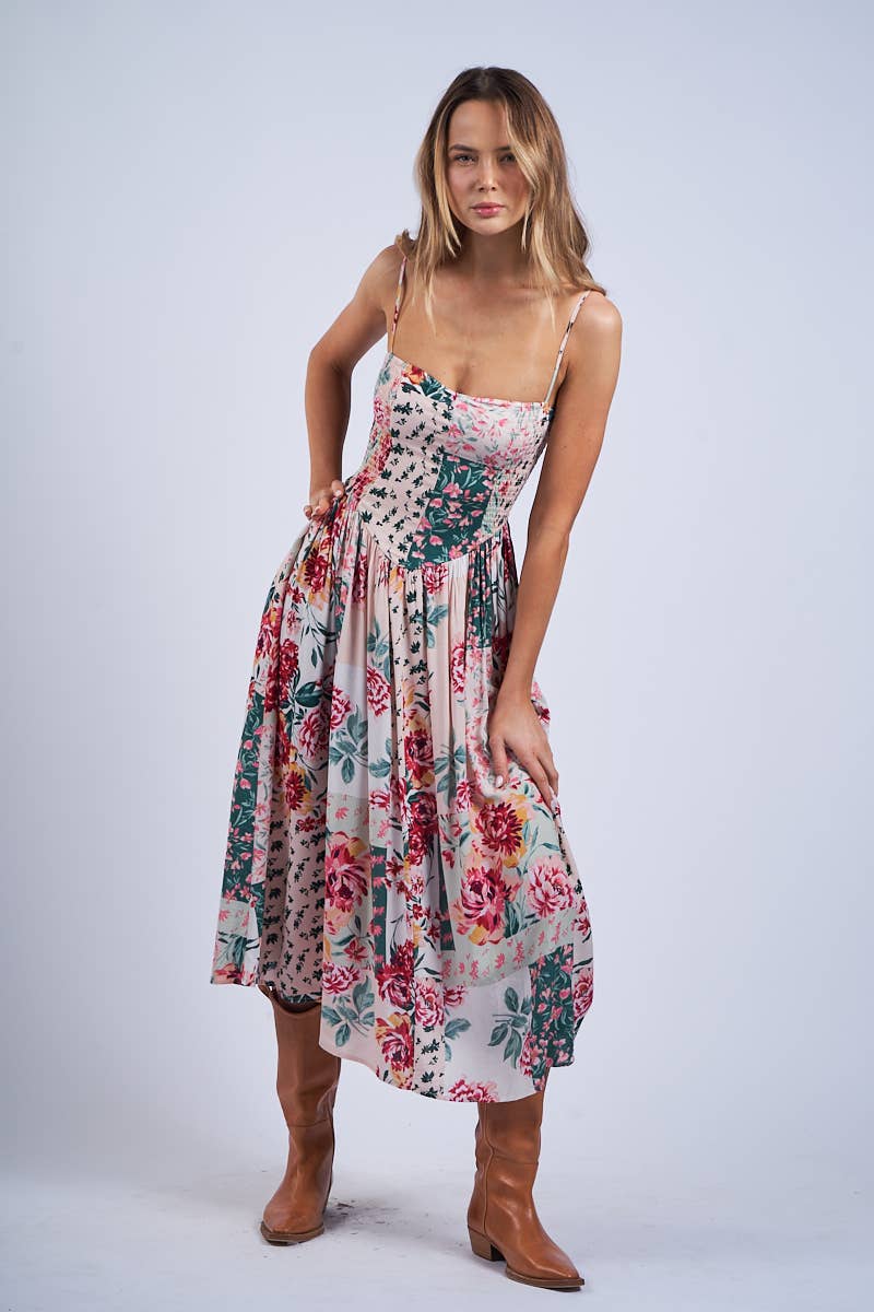 FLORAL PATCH PRINT SLEEVELESS SMOCKED MIDI DRESS