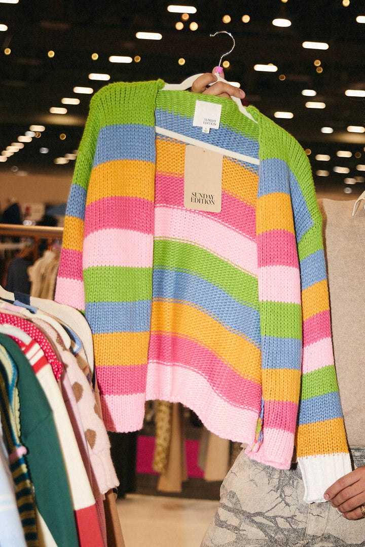 MULTI COLORED STRIPE CHUNKY SWEATER CARDIGAN