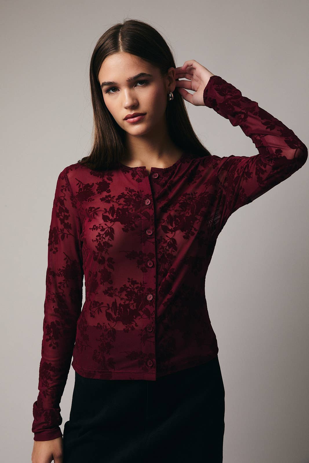 LONG SLEEVE BUTTON UP VELVET TOP