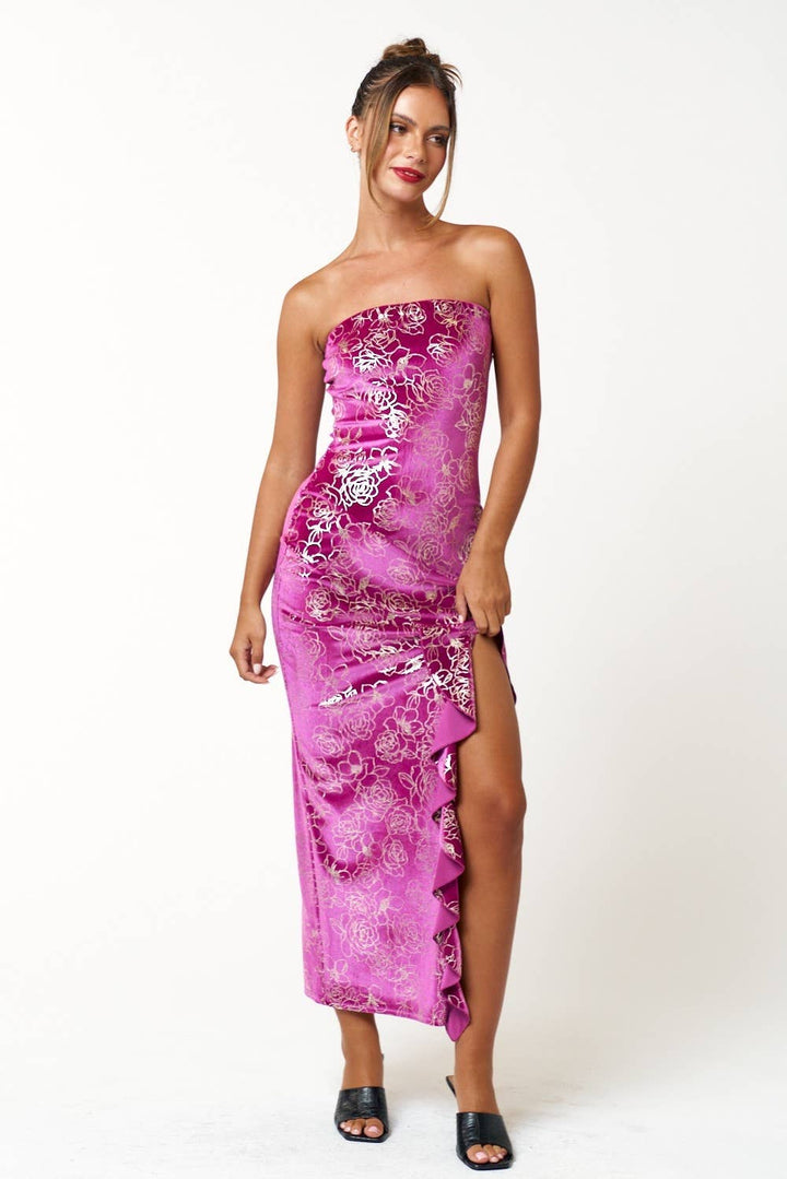 Floral Tube Ruffled Side Slit Maxi Dress